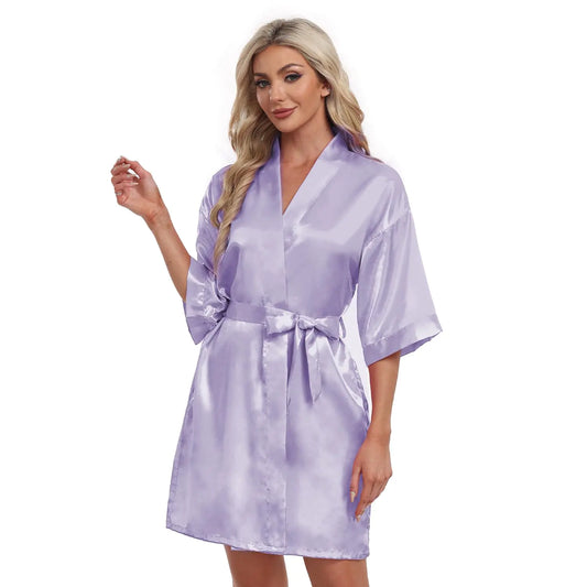 Teemie Womens Satin Robe Short Kimono Bathrobes Bride Bridesmaid Wedding Party Robes Sleepwear with Pockets Lilac Purple 2XL
